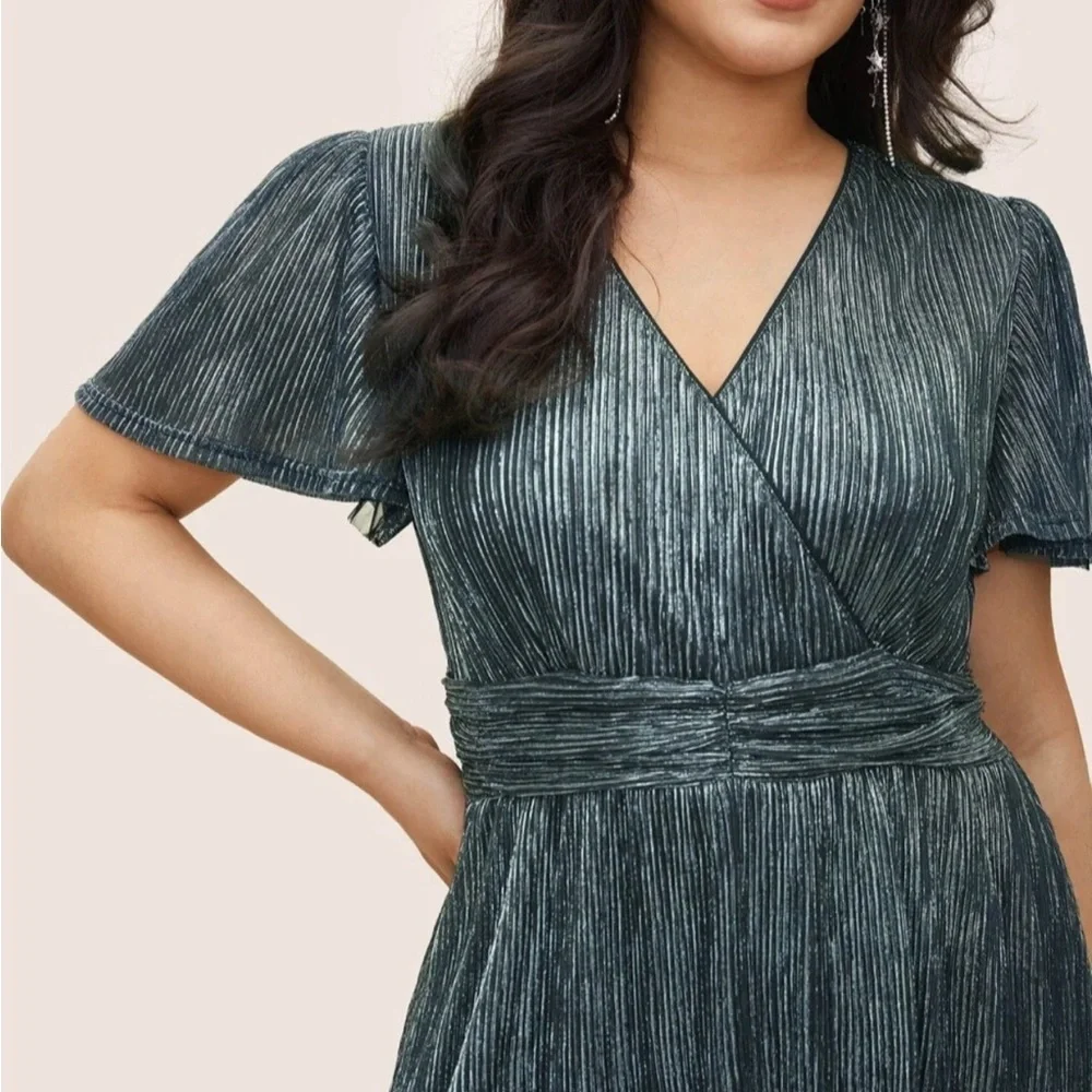 Bloomchic Cerulean Glitter Mesh Lined Surplice Neck Ruffle Pocket Dress 14-16 - Picture 4 of 11